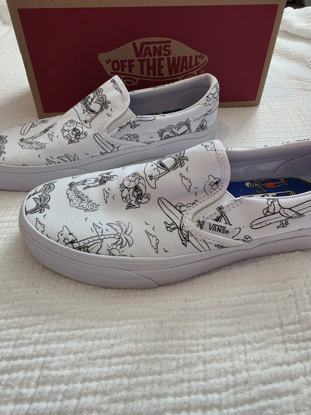 Vans Classic Slip-On Canvas Shoes - White/Black Print